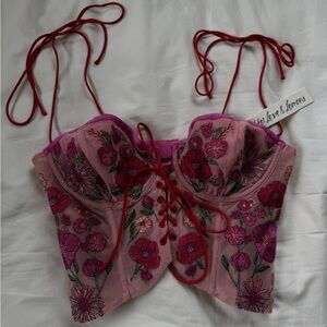 For Love And Lemons Pink Floral Corset with Red Straps